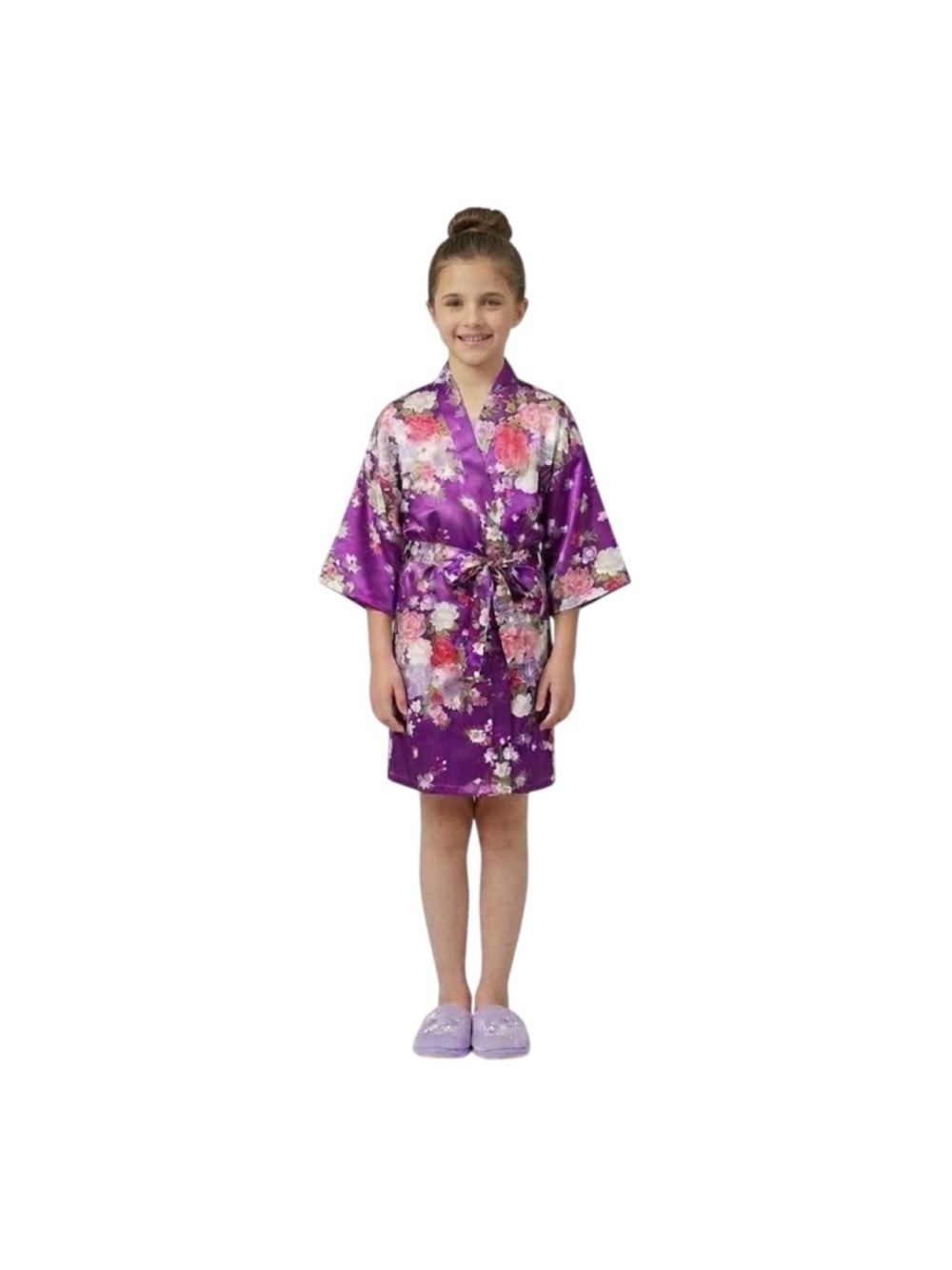 Girls Purple Floral Satin Kimono Robe Size 10
